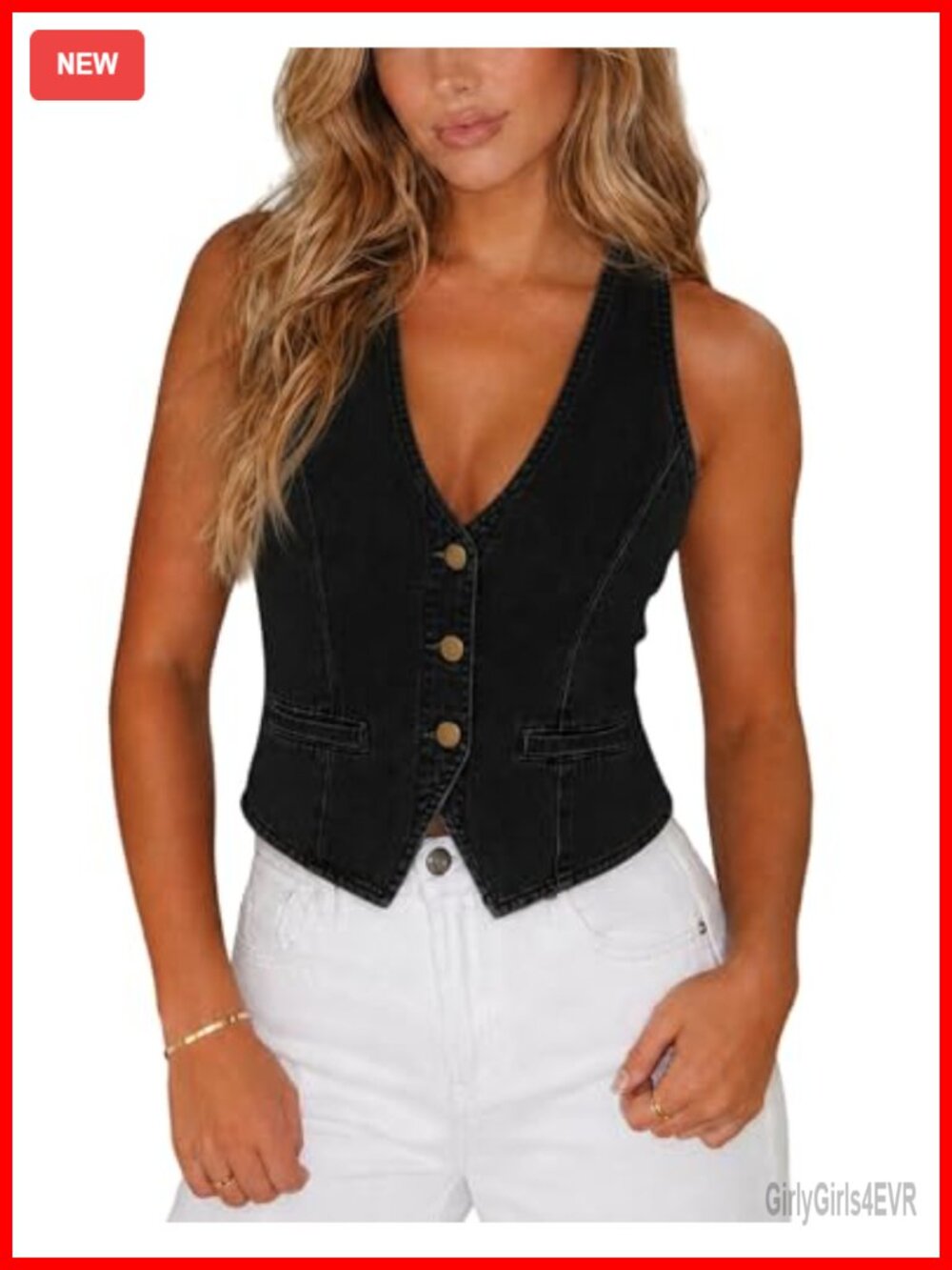 Womens 100% Cotton Denim Vest Sleeveless V Neck Button Down Cropped Waistcoat